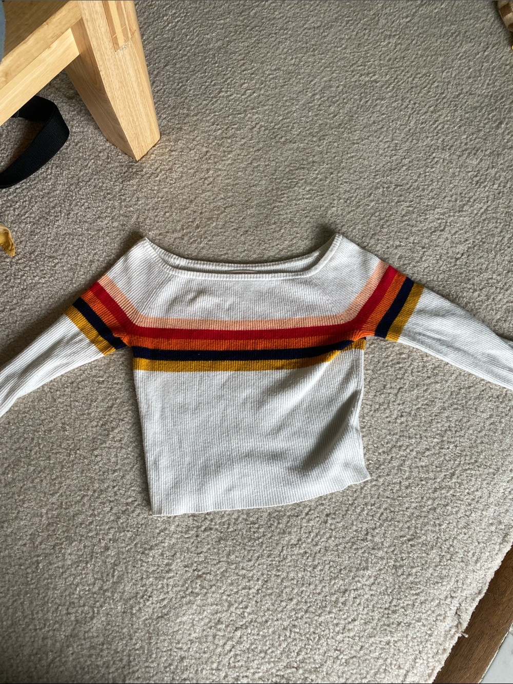 Women's White Ribbed Boatneck Sweater with Multicolor Stripes- 70s vibe